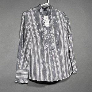 Style & Co Petite Gray Button Down‎ Ruffle Bling Metallic Thread Stripes Size 4P
